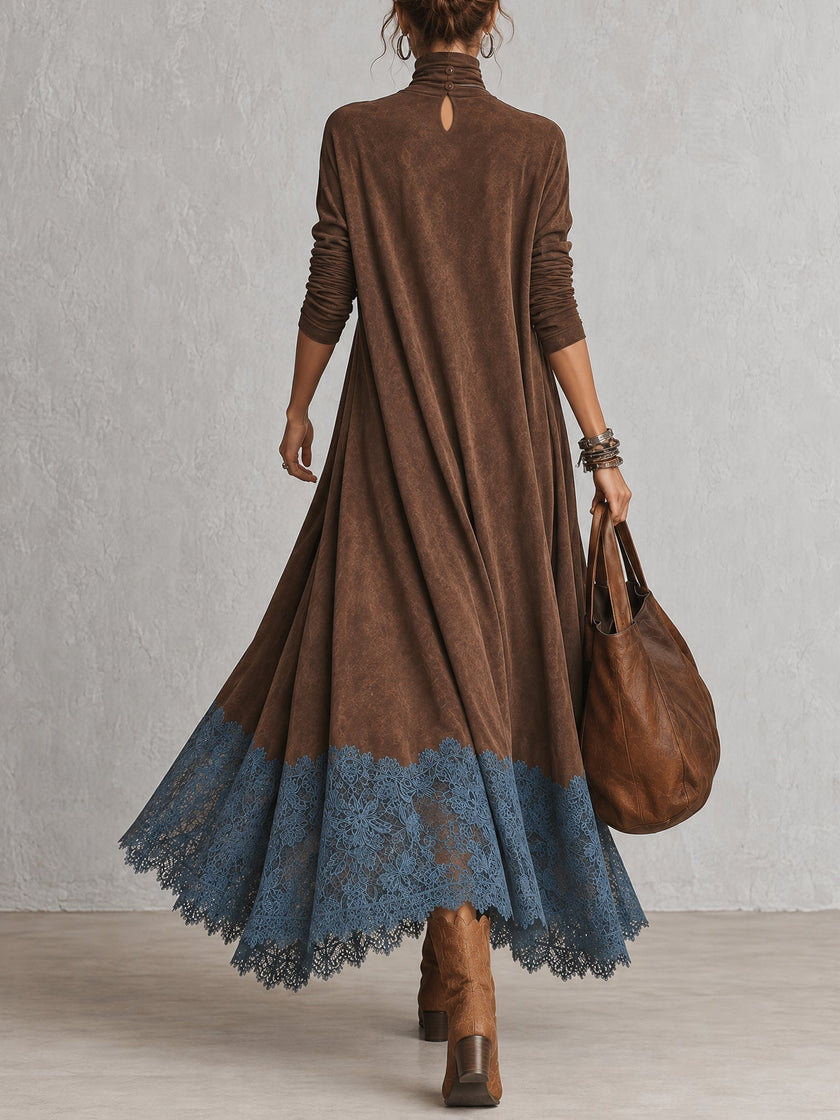Brunella | Vestido Comprido Efeito Camurça com Bainha de Renda