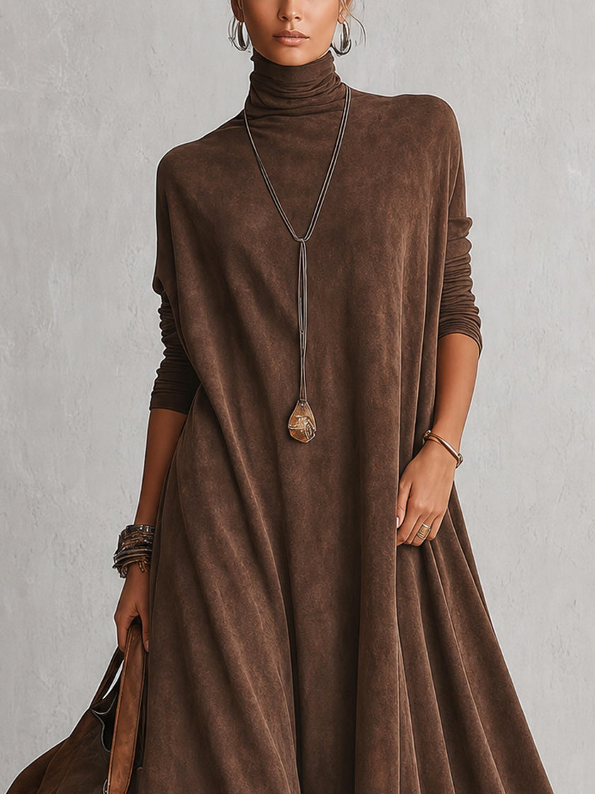 Brunella | Vestido Comprido Efeito Camurça com Bainha de Renda