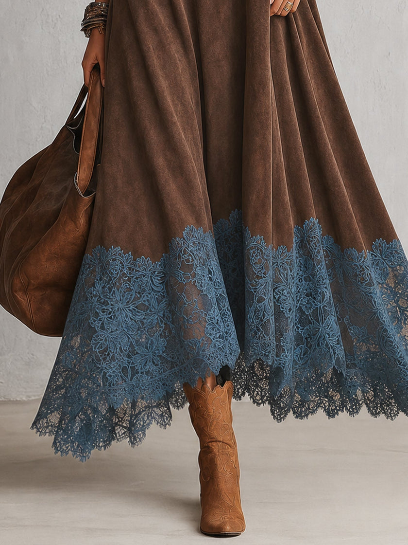 Leonor | Vestido Comprido Efeito Camurça com Bainha de Renda — Castanho