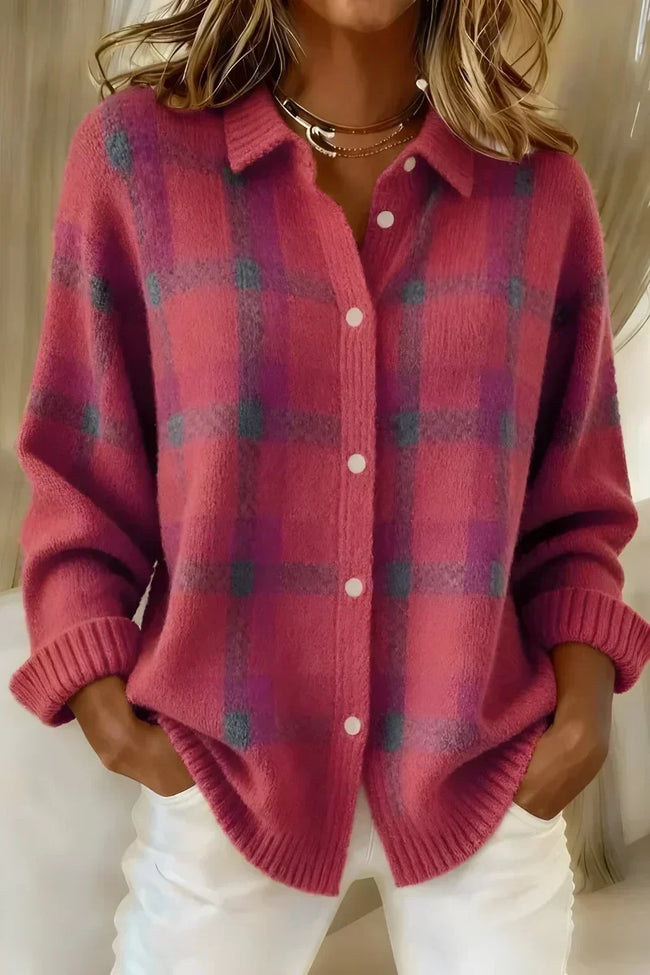 Ashley | Cardigan xadrez rosa com gola