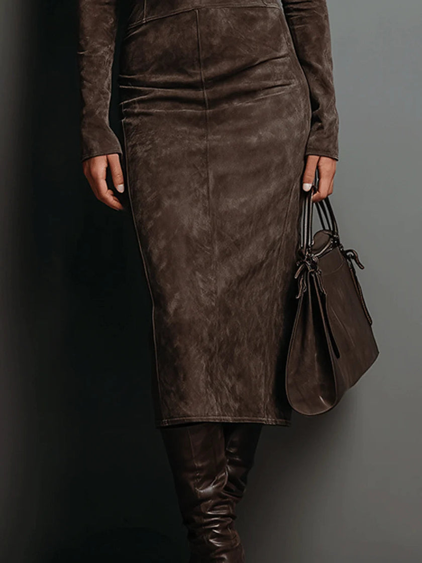 Teresa | Vestido Midi Castanho Efeito Camurça