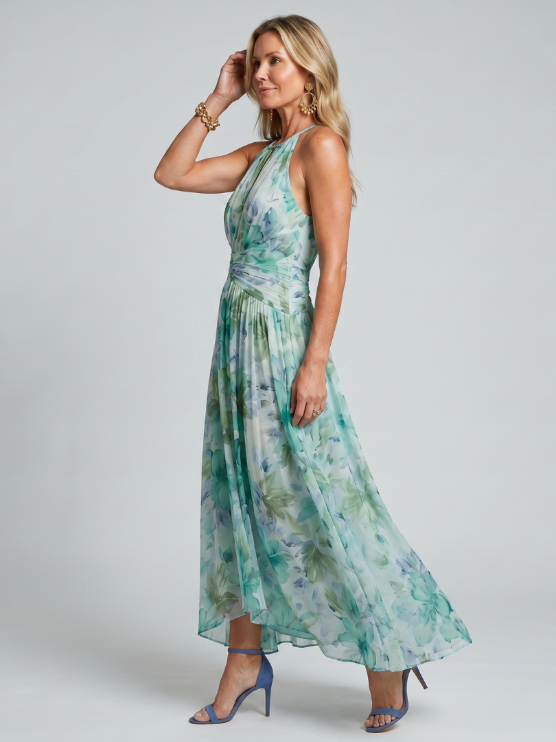 Vestido midi Portia plissado halter floral suave
