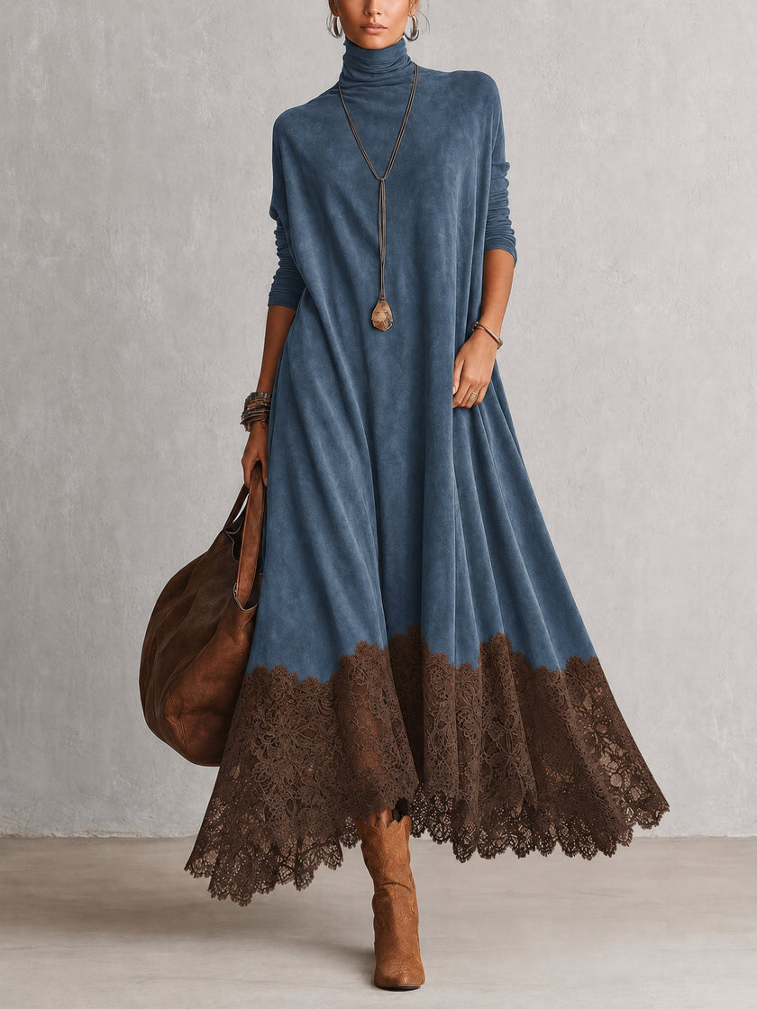 Inês | Vestido Comprido Efeito Camurça com Bainha de Renda — Azul