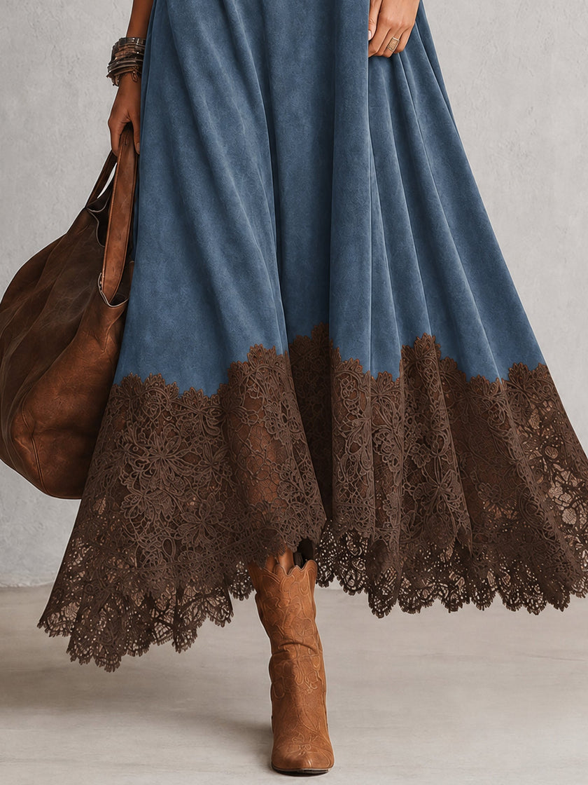 Brunella | Vestido Comprido Efeito Camurça com Bainha de Renda