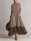 Beatriz | Vestido Comprido Efeito Camurça com Bainha de Renda — Taupe