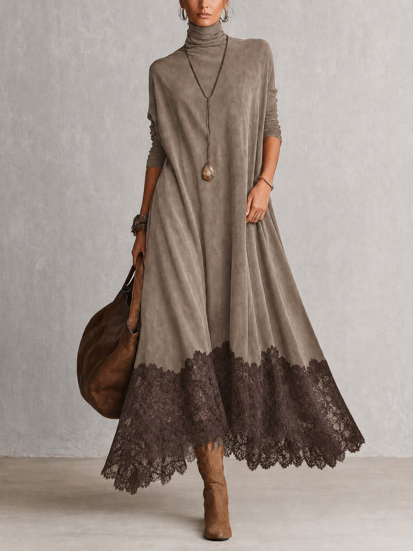 Beatriz | Vestido Comprido Efeito Camurça com Bainha de Renda — Taupe