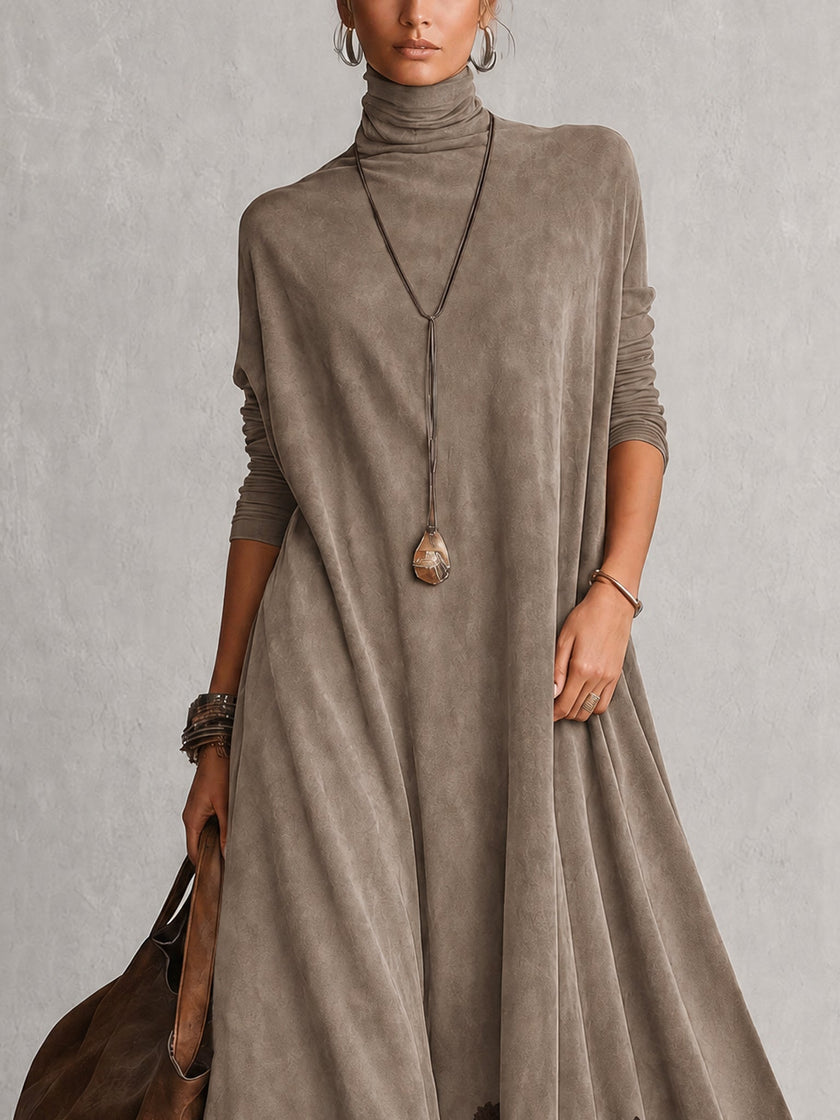 Beatriz | Vestido Comprido Efeito Camurça com Bainha de Renda — Taupe
