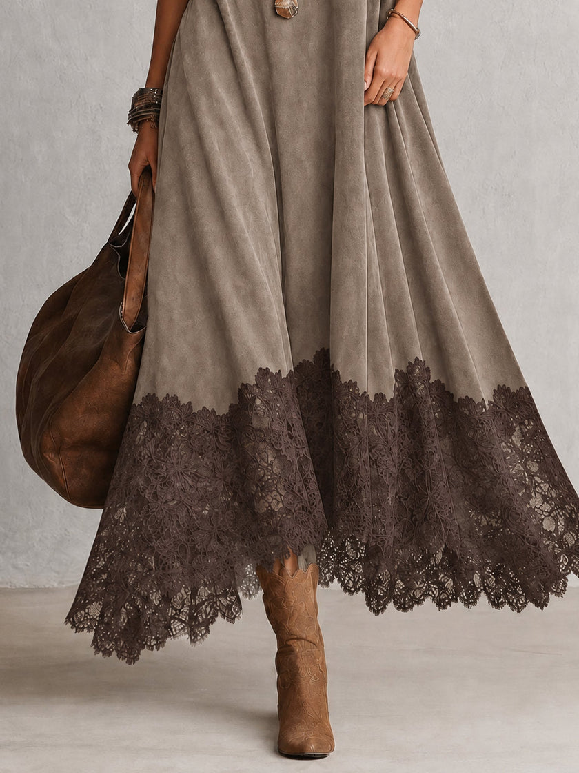 Brunella | Vestido Comprido Efeito Camurça com Bainha de Renda