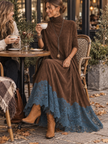 Leonor | Vestido Comprido Efeito Camurça com Bainha de Renda — Castanho