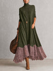 Madalena | Vestido Comprido Efeito Camurça com Bainha de Renda — Verde