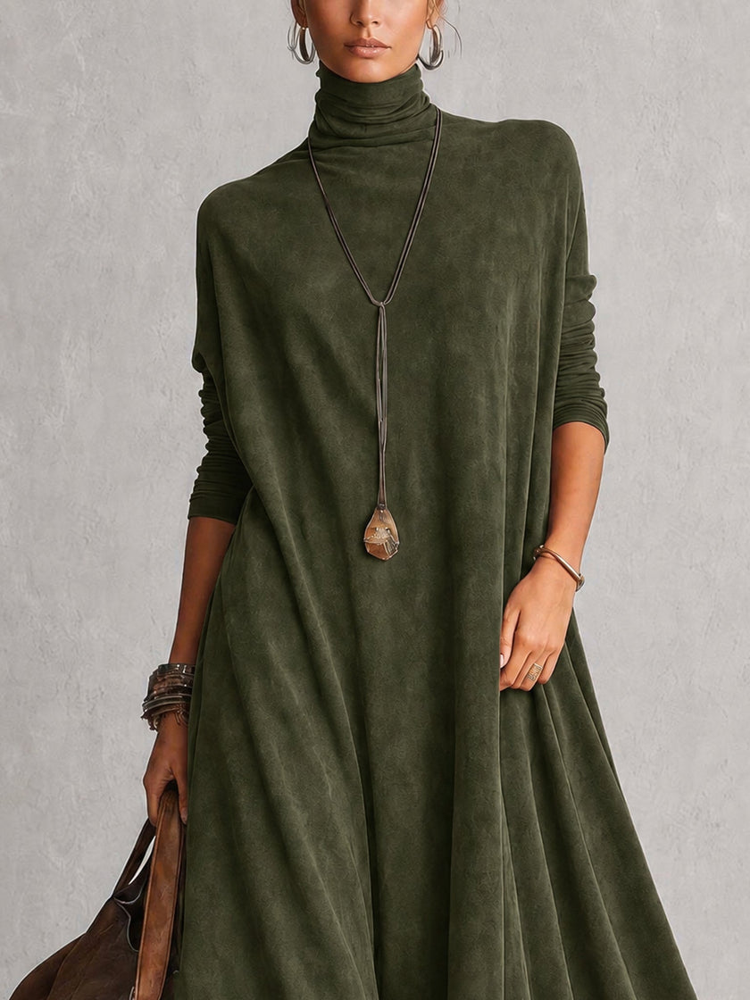 Madalena | Vestido Comprido Efeito Camurça com Bainha de Renda — Verde