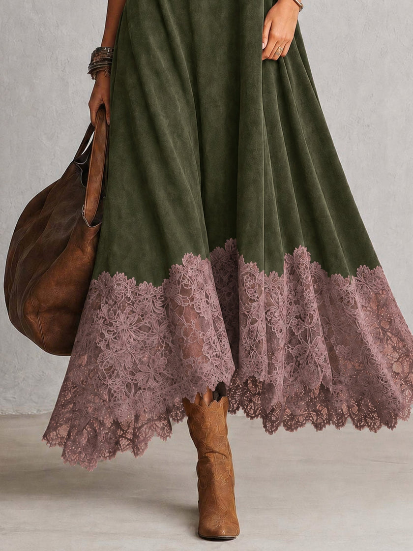 Madalena | Vestido Comprido Efeito Camurça com Bainha de Renda — Verde