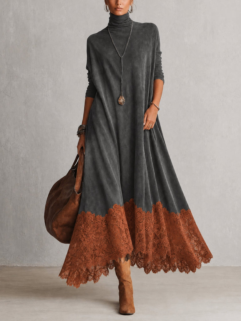 Matilde | Vestido Comprido Efeito Camurça com Bainha de Renda — Cinzento