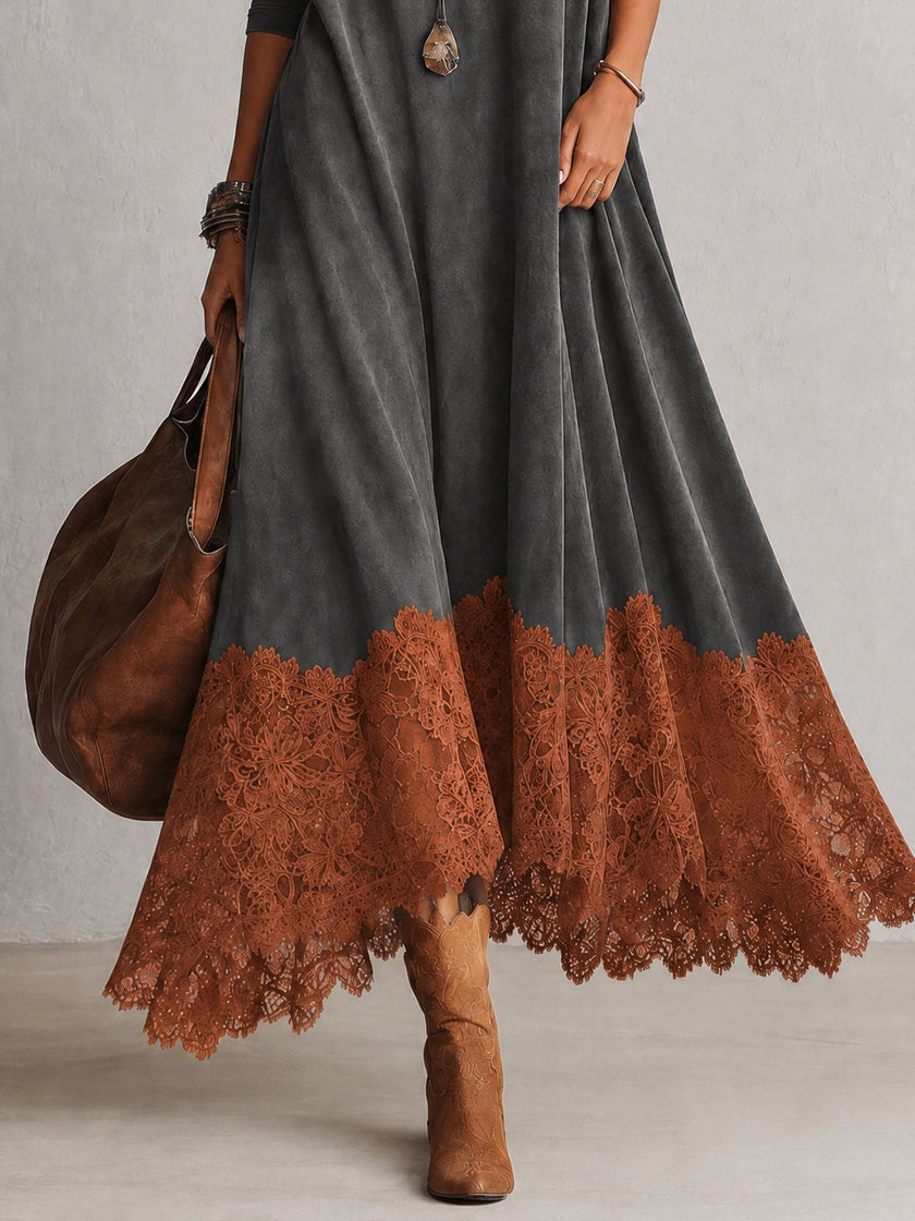 Brunella | Vestido Comprido Efeito Camurça com Bainha de Renda