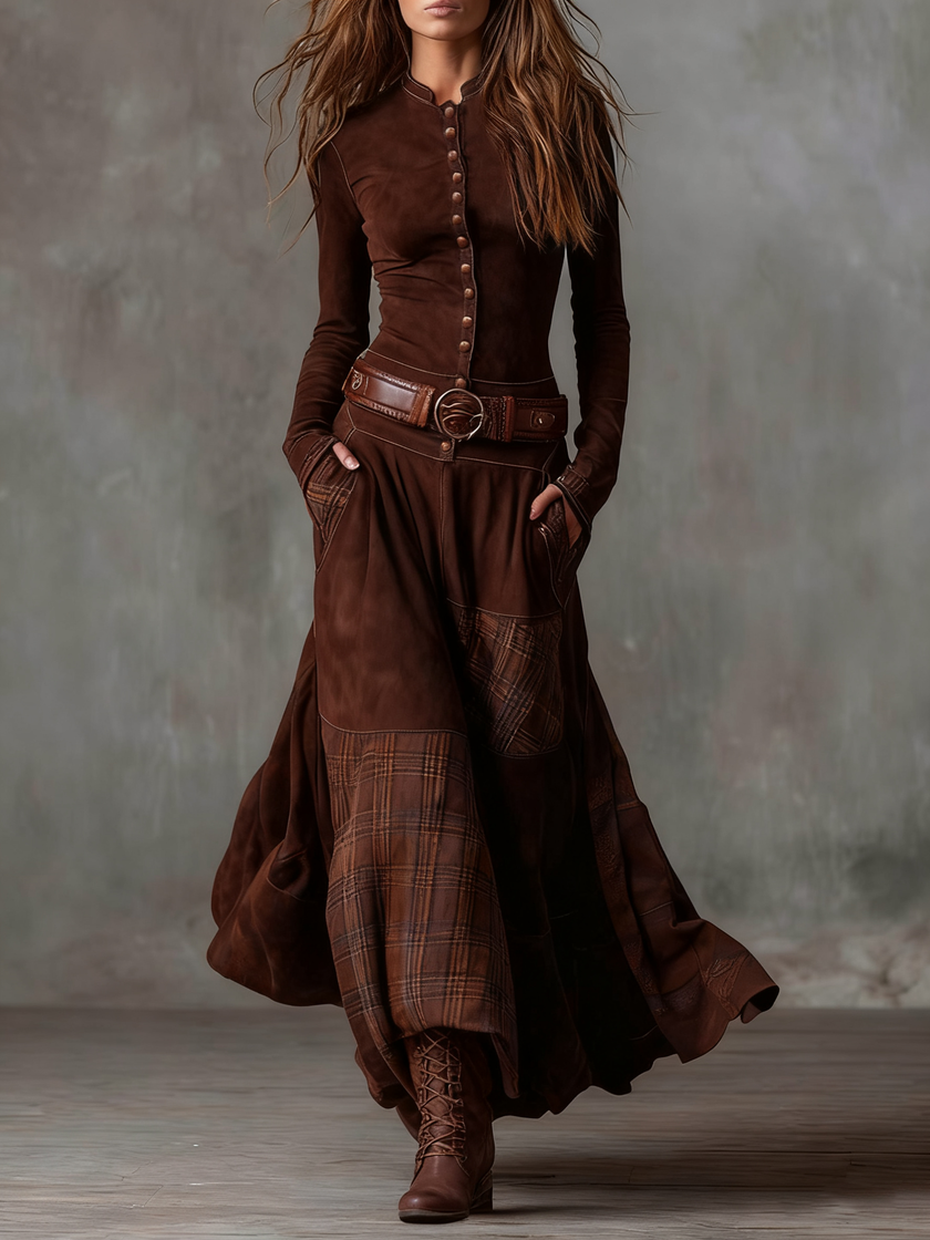 Constança | Vestido Comprido Efeito Camurça com Cinto